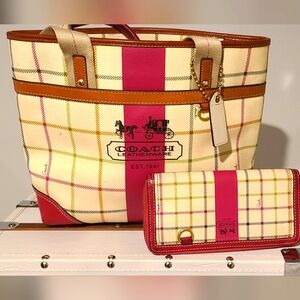 Coach 1941 Leather Trim Plaid Tote
